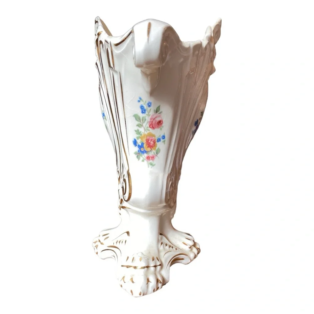 Vtg Paul's Gifts USA 9949 Victorian Fan Vase Ceramic Gold Gilt Floral Planter